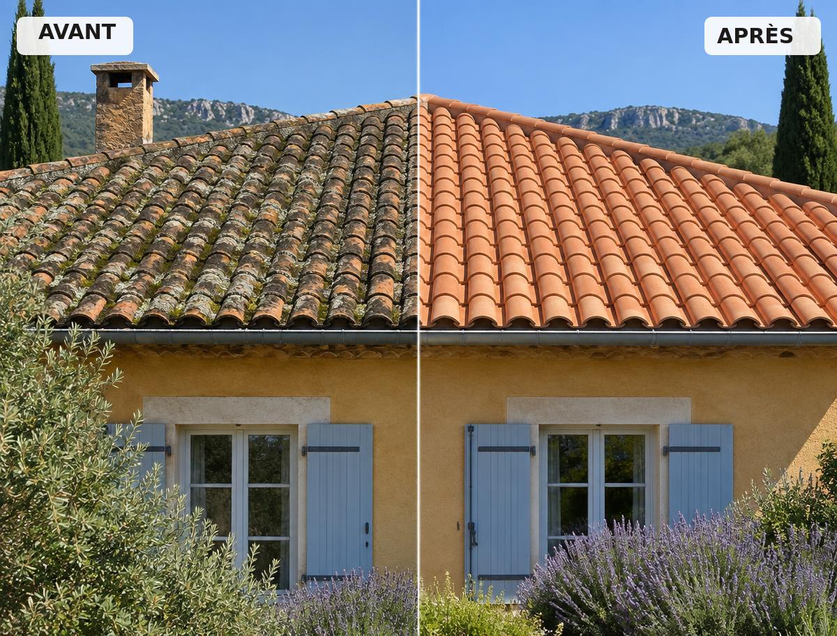 Nettoyage et démoussage de toiture dans le sud de la France, avant et après