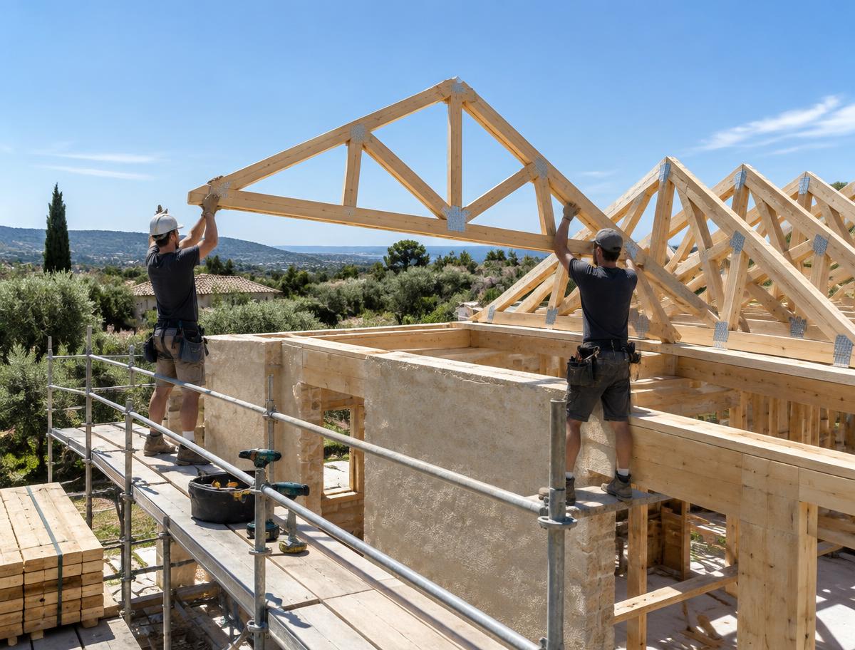 Pose de charpente : charpentiers levant une fermette en bois sur une maison dans le sud de la France