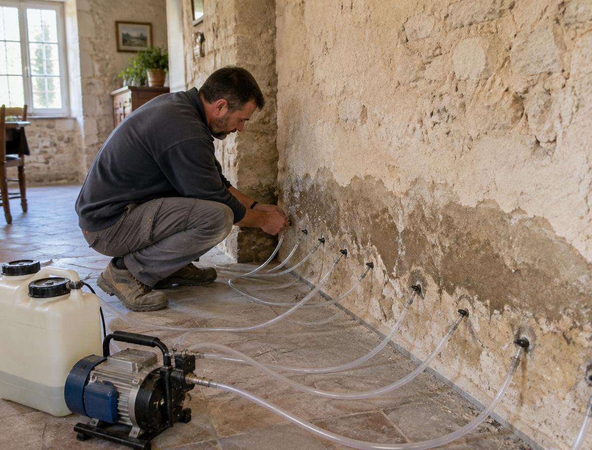 Traitement des remontées capillaires par injection dans un mur en pierre d'une maison du sud de la France