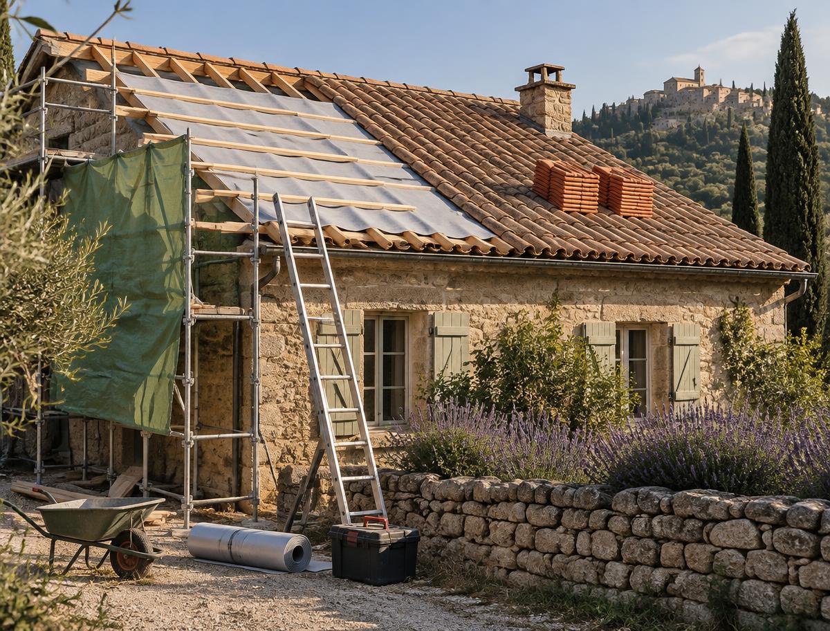 Toiture en rénovation sur une maison provençale, tuiles neuves et liteaux